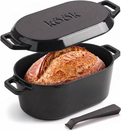 Oval Dutch Oven, for Bread Baking, Sourdough Loaf Pan, with Lid, Dual Handles, Enameled Cast Iron, Includes Lid Lever, Dishwasher Safe, 3.4 Qt, Black1
