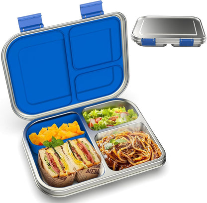 Stainless Steel Kids Leak-Resistant Bento Lunch Box, 3-Compartments with Silicone Container, Dishwasher-Safe, Child-Friendly Design for School, Picnics & Travel,Bpa-Free (Blue)1