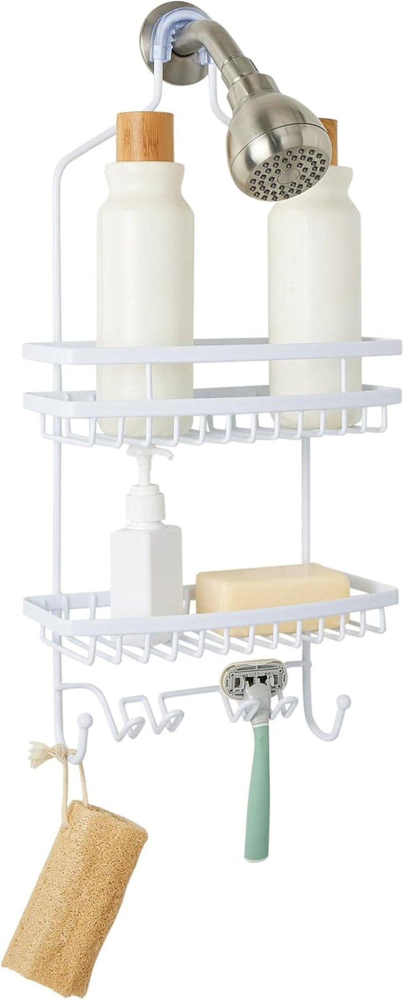 shower-head-caddy-suction-cup-backing-2-tier-shelving-6-accessory-hooks-white-23386-white