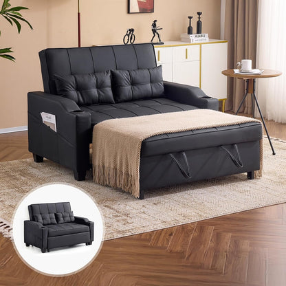 Black Futon Sofa Bed Convertible Loveseat Sleeper Couch, Faux Leather Pullout Sofa Fold Out Couch Bed with USB Ports, Cup Holders, Armrest for Living Room, Bedroom Apartment Room1