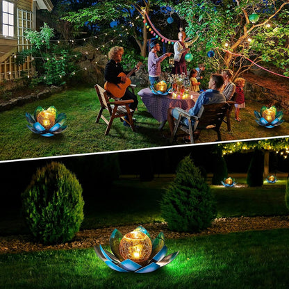 Solar Light Outdoor, Art Crackle Globe Glass Lotus Decoration, Solar LED Waterproof Blue Metal Flower Lights for Patio,Lawn,Walkway,Tabletop(2Pack)6