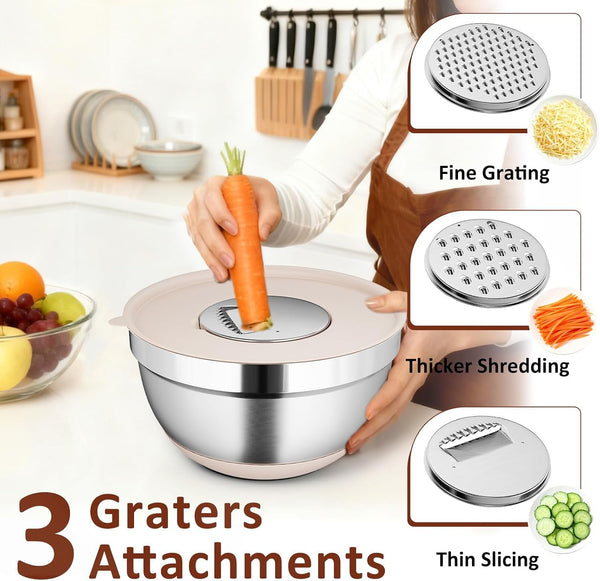 9 Pack Mixing Bowls with Airtight Lids & Grater Attachments, Khaki4