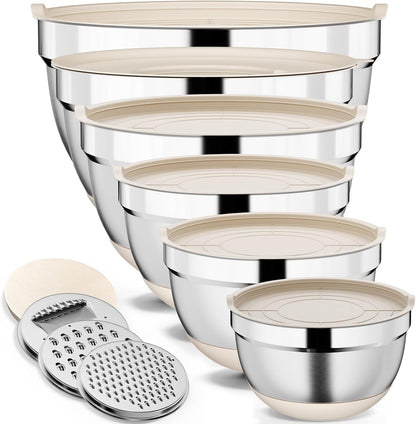 9 Pack Mixing Bowls with Airtight Lids & Grater Attachments, Khaki | Stainless Steel Bowl, Non-Slip Bases, Nesting Kitchen Bowl, Size 5, 4, 3, 2, 1.5,1Qt,For Food Prep, Baking, Storage & Serving1
