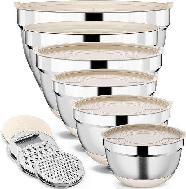 9 Pack Mixing Bowls with Airtight Lids & Grater Attachments, Khaki1