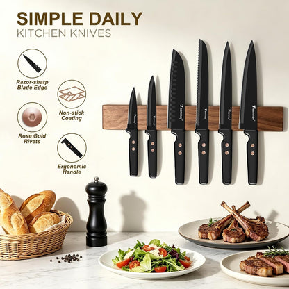12-Piece Kitchen Knife Set, Stainless Steel Knives with Non-Stick Coating, Dishwasher Safe, Black Knife Set with Rose Gold Rivets 6 Blade Guards, Perfect for Home Chefs Cooking Enthusiasts3