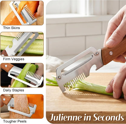 2026 Upgrade Vegetable Peeler with Wooden Handle, Stainless Steel Wide Blade Potato and Carrot Peeler, 3-In-1 Veggie Peeler with Scallion Shredder and Bottle Opener for Kitchen, Camping and Travel8