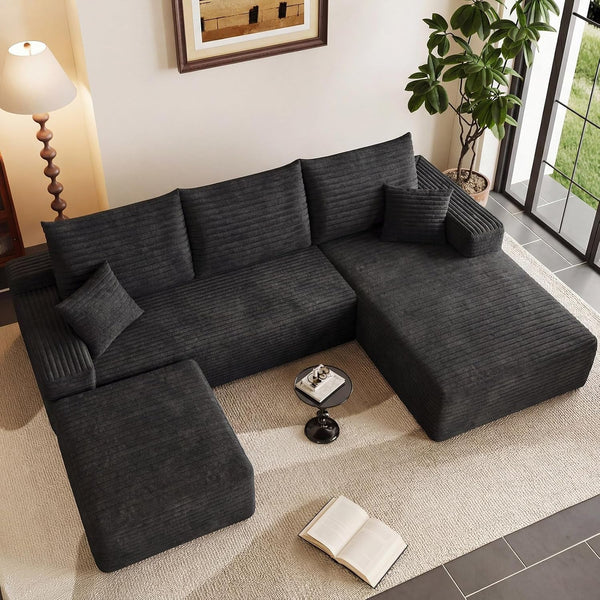 95" U-Shape Cloud Couch, Modern Modular Sectional L-Shape Sofa with Ottoman, Corduroy Upholstered Couches Deep Seat Sleeper Chaise Longue for Living Room, No Assembly Required(Black, Right Facing)7