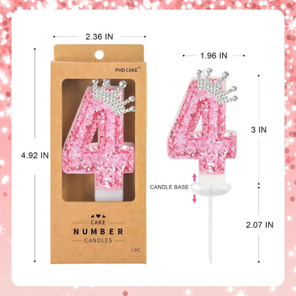 Birthday Number Candles,Pink Crown Birthday Candles for Cake,Glitter Number 4 Candle Cake Topper with Sequins for Girls,Women, Anniversary Celebrations Supplies6