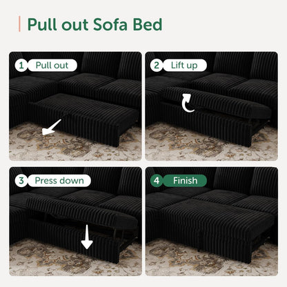 Modular Sectional Sleeper Sofa with Pull Out Bed,Corduroy L Shaped Couch with Storage, Sectional Couches for Living Room,Black5