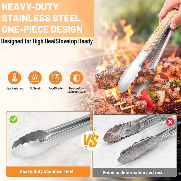 9+12 Inch Stainless Steel Kitchen Tongs for Cooking with Wood Handle, Set of 22