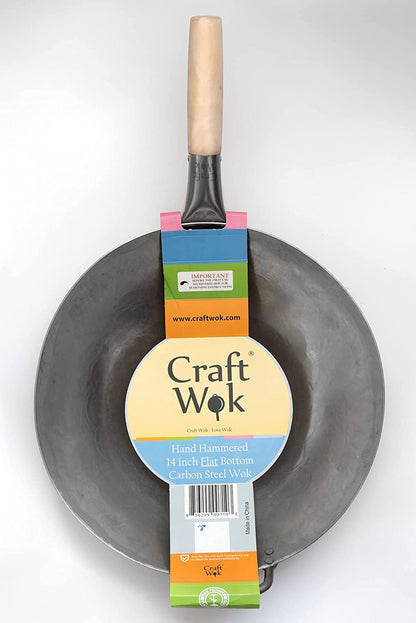 Flat Hand Hammered Carbon Steel Pow Wok with Wooden and Steel Helper Handle (14 Inch, Flat Bottom) / 731W3166