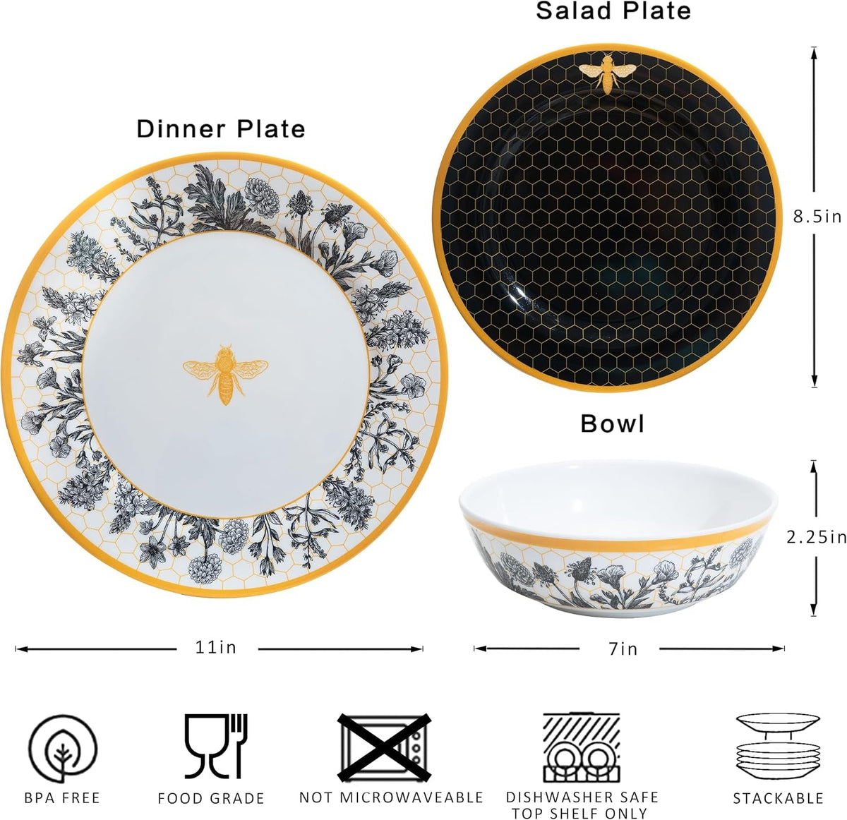 floral-bee-melamine-dinnerware-set-18piece-unbreakable-plates-and-bowls-set