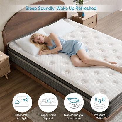 Queen Mattress 10 Inch Hybrid Mattress in a Box, Medium Firm Queen Size Bed Mattresses with Zoned Support, Memory Foam and Pocket Springs for Motion Isolation&Pressure Relief, Certipur-Us2