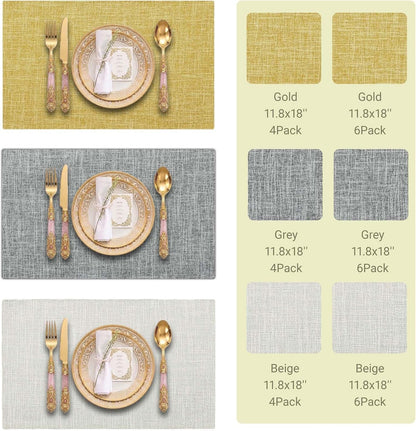 Faux Linen Farmhouse Placemats Set of 6, 11.8X18 Inch, Gold7
