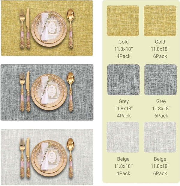 Faux Linen Farmhouse Placemats Set of 6, 11.8X18 Inch, Gold7