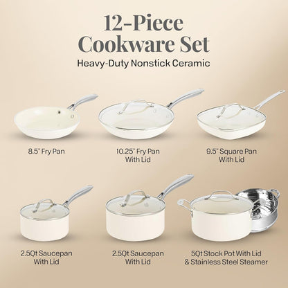 12 Pc Ceramic Cookware Set Nonstick, Ceramic Pots and Pans Set Non Stick with Steamer for Cooking, Non Toxic PFOA PFOS Free, Premium Stay Cool Handles, Oven & Dishwasher Safe2