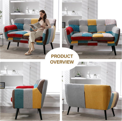 Modern Boho Loveseat Couch Sofa Chair for Living Room Bedroom, Upholstered Colorful Plaid Fabric 2-Seat Love Seat Sofa with Wood Leg for Small Space, One Loveseat8