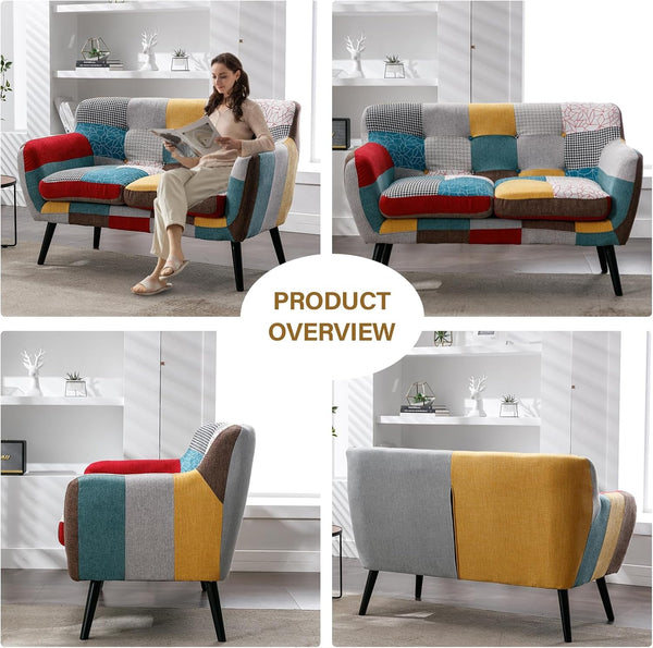 Modern Boho Loveseat Couch Sofa Chair for Living Room Bedroom, Upholstered Colorful Plaid Fabric 2-Seat Love Seat Sofa with Wood Leg for Small Space, One Loveseat8