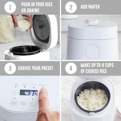 Digital Rice Cooker, 2-Cups Uncooked/4-Cups Cooked, White | Pfas-Free Ceramic Nonstick Coated 1.5QT Pot, One-Touch Presets, Oats, Quinoa, Brown Rice, Auto Warming, Fuzzy Logic Tech6