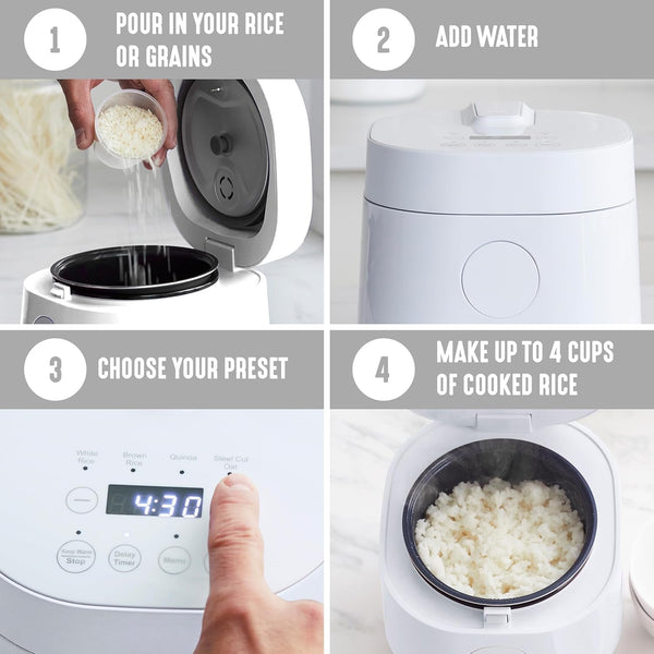 Digital Rice Cooker, 2-Cups Uncooked/4-Cups Cooked, White | Pfas-Free Ceramic Nonstick Coated 1.5QT Pot, One-Touch Presets, Oats, Quinoa, Brown Rice, Auto Warming, Fuzzy Logic Tech6