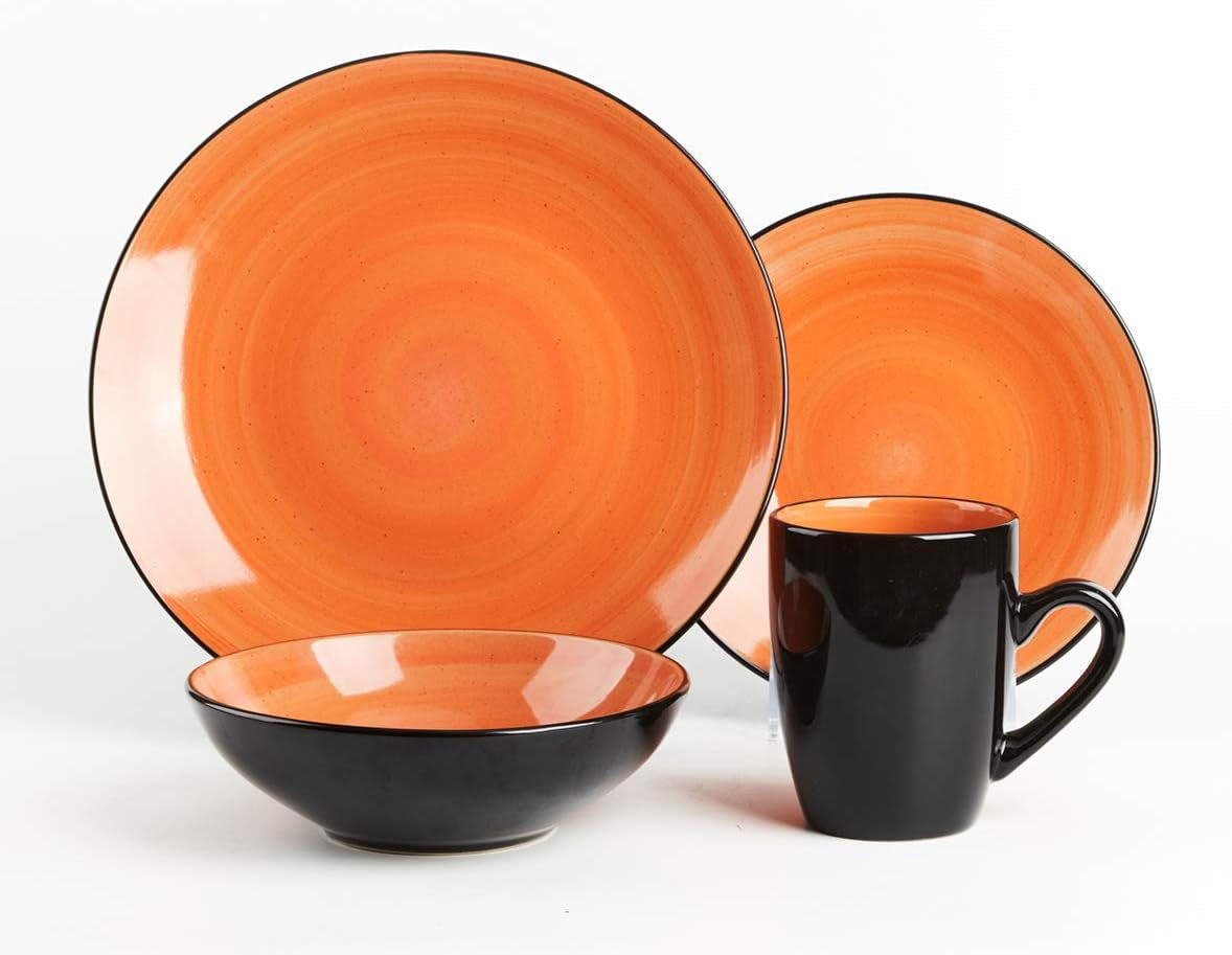 sonoma-16-piece-stoneware-dinner-set-samoa-outside-black-inside-hand-painted-combi-colors-of-grey-orange-purple-and-turquoise-with-speckle