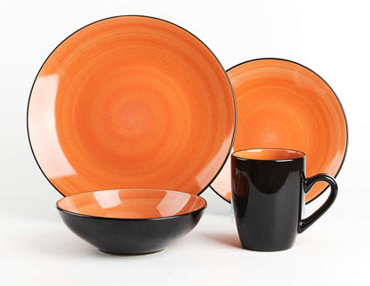 Sonoma 16 Piece Stoneware Dinner Set, Samoa, outside Black + inside Hand Painted Combi Colors of Grey, Orange, Purple and Turquoise) with Speckle6