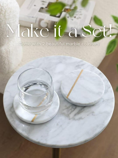 Adjustable 10" White Marble Drink Table with 2 Coasters, Antique Brass⁠ | Adjustable 10" round Martini End Table & Pedestal Side Table. White Marble and Antique Brass Finish.⁠6
