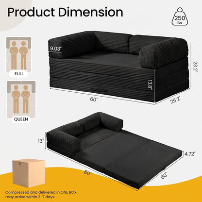Convertible Sofa Bed, Tri-Folding Mattress Queen Futon Couch Bed, Boneless Sleeper Couch Bed with Removable Armrests & Washable Cover for Guest Room, Living Room, Queen, Black2
