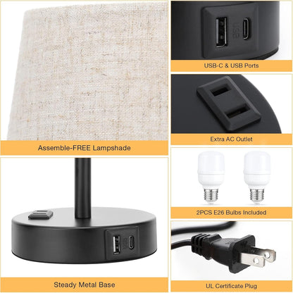 Bedside Table Lamps Set 2 for Bedroom - Dimmable Touch, USB C+A, AC Outlet | 14.5" Mini Lamp, 3-Way Dimmable, LED Bulbs Included, Trapezoid Barrel Fabric Lampshade, Nightstand Light for Guest Room, Kids8