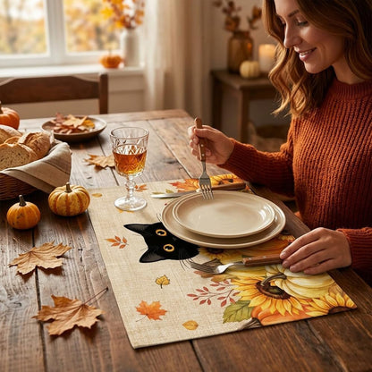 Fall Placemats Set of 6, Festival Linen Table Mats with Black Cat Pumpkin Sunflowers, Cute Autumn Decor & Supplies for Home Kitchen Farmhouse Dining Room Outdoor Indoor5
