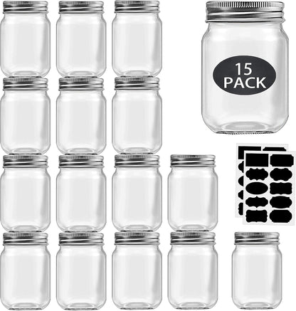 16 Oz Mason Jars with Silver Lids 15 Pack Pint Glass Canning Jars | Regular Mouth Clear Glass Jars Bulk for Meal Prep, Overnight Oats, Dry Food, DIY Crafts.Food Storag with 20 Labels and 1 Pen1