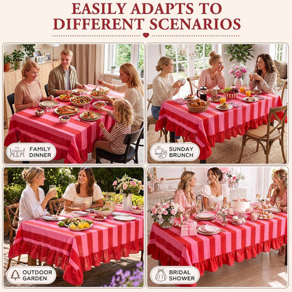 Striped Ruffled Tablecloth 70 X 52 Inches Boho Pink Red Striped Decorative Table Cover Rectangle Cotton Linen Table Cloth for Home Dining Kitchen Wedding Birthday Party5