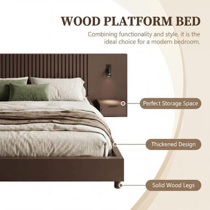 King Size Platform Bed with Built-In Nightstands and Reading Lights, Vertical Slatted Headboard, Heavy Duty Noise-Free Wood Bed Frame with Wood Slats Support,Walnut5