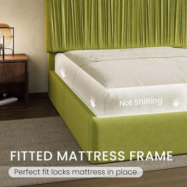 Queen Size Artisanal Pleated Velvet Bed Frame with Adjustable Headboard, Luxurious Upholstered Floor Platform Bed, Modern Low Profile Frame, Green6