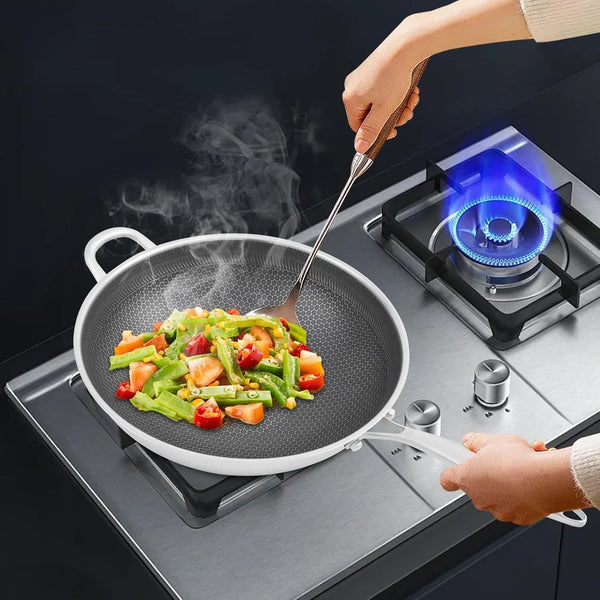 Stainless Steel Honeycomb Wok, Non-Stick Cooking Frying Pan with Lid, Stir-Fry Pan for Gas Stoves, Concave Induction, Ceramic, Electric Stoves (14.2 * 3.7In)9