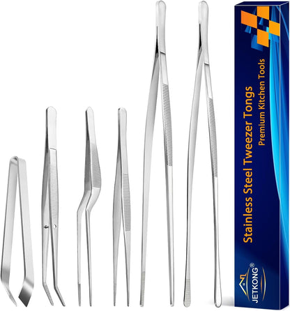 6 Pcs Cooking Tweezer Tongs, 12'' and 6.3" Stainless Steel Kitchen Tweezer Set, Professional Chef Tweezers for Cooking, Repairing, Sea Food, BBQ, Multi-Use1