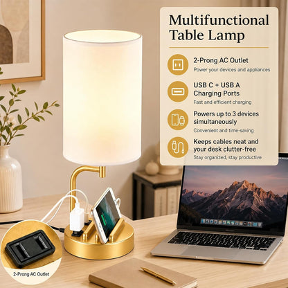 Touch Control USB Table Lamp with USB C/A & AC Outlet, 3-Way Dimmable Bedside Lamp, Modern Nightstand Lamps for Bedroom Living Room Guest Room Office, Bulb Included, Gold3