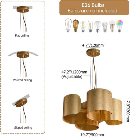 Gold Drum Chandelier 4-Light Glam Lighting Fixture, Unique Scrolled Shape Pendant Light Adjustable Hanging Dining Room Light Fixture2