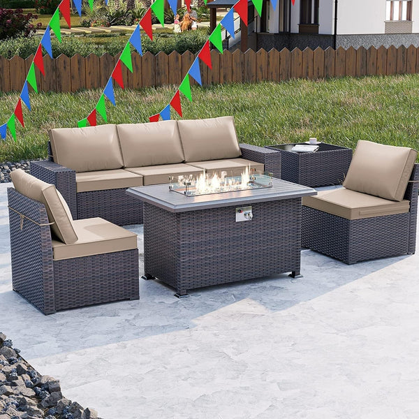 7 Piece Outdoor Wicker Patio Furniture Set with Fire Pit Table7