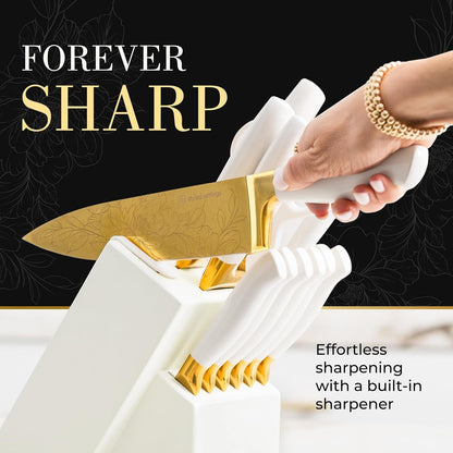 White and Gold Knife Set with Elegant Floral Pattern, 14-PC | Golden Titanium-Coated Stainless Steel Gold Knives with Block, Ultra-Sharp, Durable Kitchen Knife Block Set3