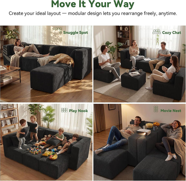 U Shaped Boneless Sectional Couch Oversized, Chenille, Black4