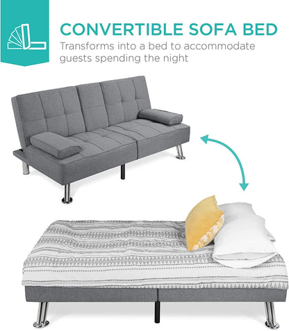 Linen Modern Folding Futon, Reclining Sofa Bed for Apartment, Dorm W/Removable Armrests, 2 Cupholders - Gray6