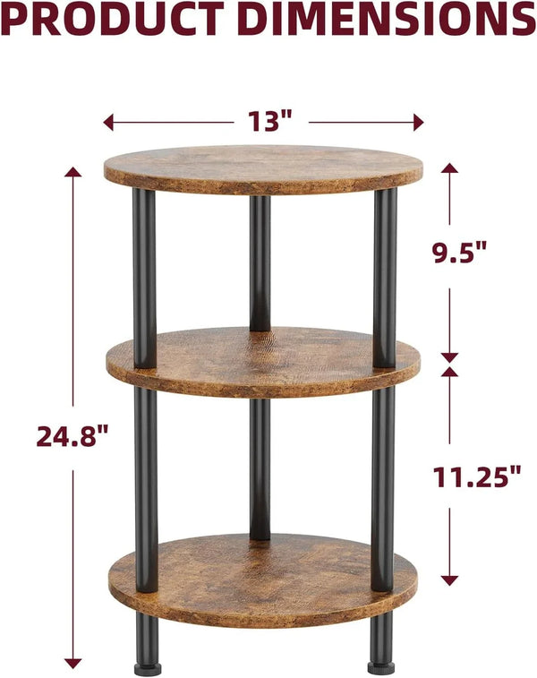 Side Table Living Room, Small round End Table, 3 Tiers Accent Table for Small Spaces, Rustic Brown2