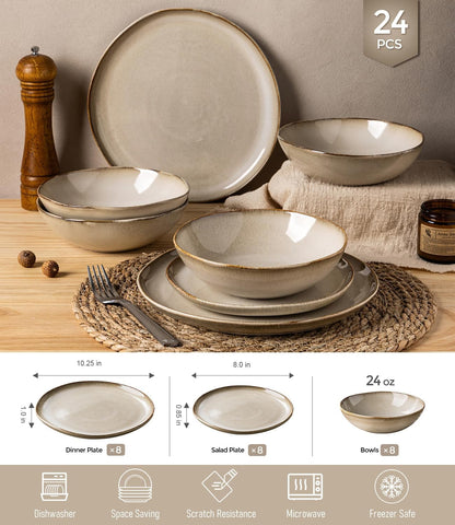 Stoneware Dinnerware Sets for 8,24 Piece Rustic Plates and Bowls Set6
