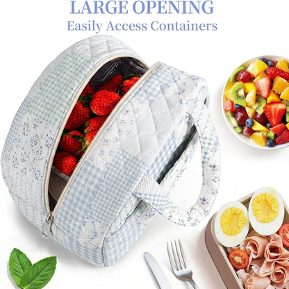 Quilted Lunch Box for Women,Coquette Aesthetic Lunch Box for Teen Girls,Cute Floral Lunch Bags for Work, School,Office,Picnic,Travel (Green Blue Pin)5