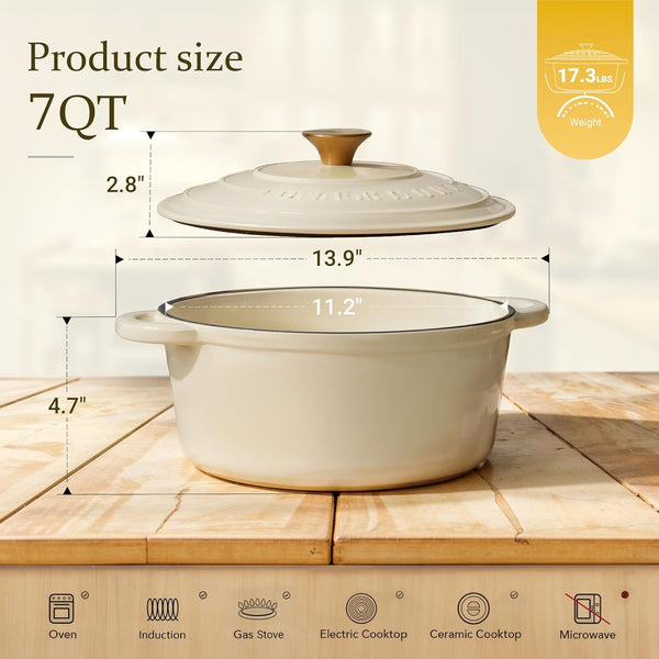 Enameled Cast Iron Dutch Oven - 7QT Pot with Lid Cookbook & Cotton Potholders - Heavy-Duty Cookware for Braising, Stews, Roasting, Sourdough Baking Cream White6