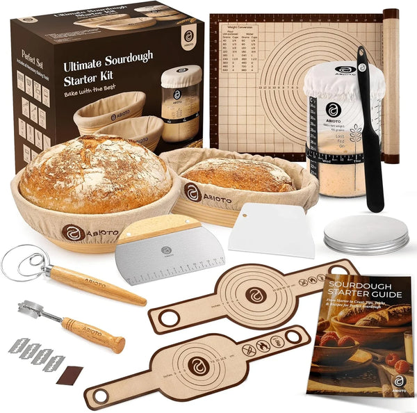 Sourdough Starter Kit with 10" round & 11" Oval Banneton Proofing Basket and 34Oz Starter Jar - Beginner-Friendly Sourdough Bread Baking Supplies and Baking Gifts for Women, Men, and Bread Bakers1