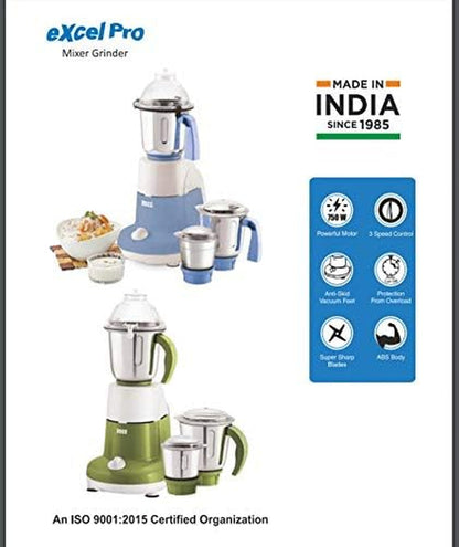 Excel Pro 3-Jar Mixer Grinder Kitchen Grinding Genius 750 Watt Powerful Motor, 3 Variable Speed with Incher, 110V,Blue7