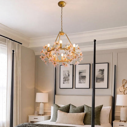 Gold Tree Branch Pink Crystal Chandelier, Grace Flower Chandelier, 6-Light Girl'S Room Chandelier, Hanging Light Fixture Bedroom for Dining Living Room Nursery Kid'S Room Entryway, E12 Bulb Included2