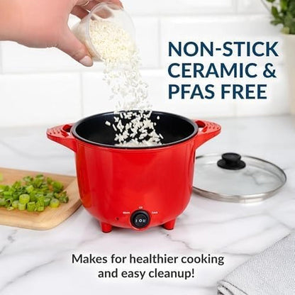 32 Oz Electric Multi-Cooker Pot, 260 Watts, Ceramic Nonstick Coating, 3-Way Control with Keep Warm, Compact Portable, Red6